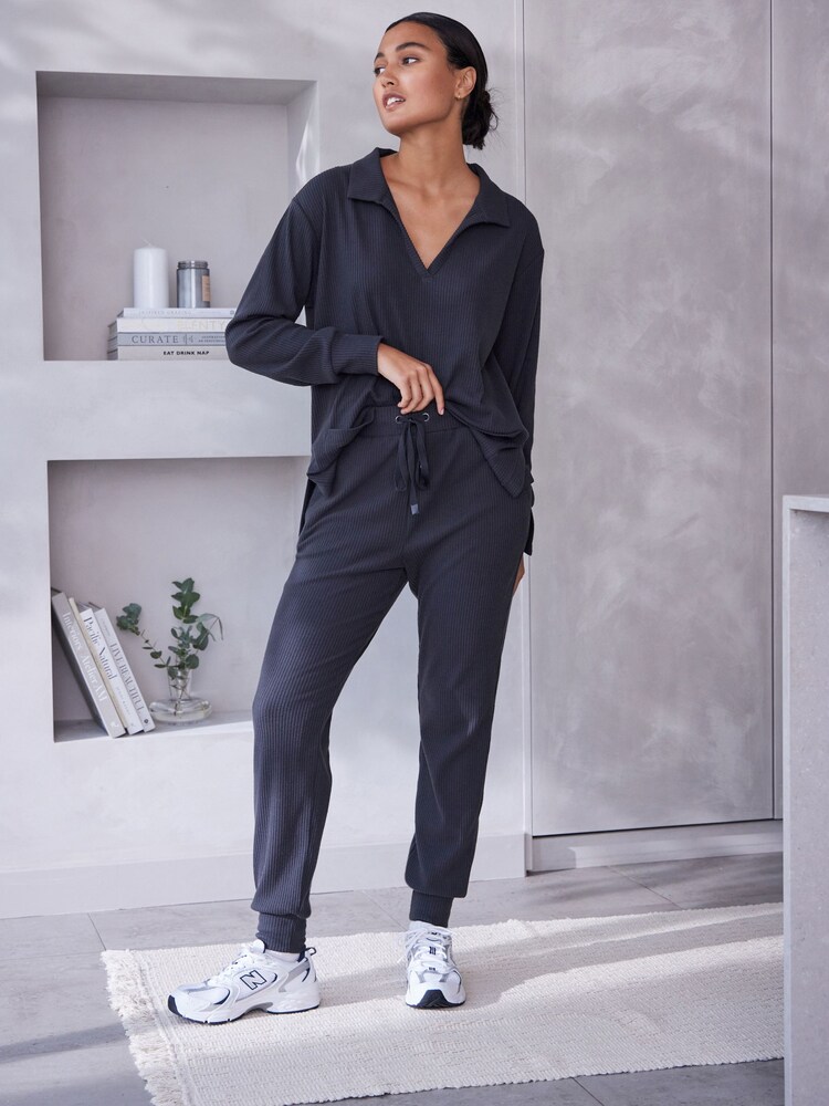 Charcoal Grey Ribbed Joggers - Image 1 of 8
