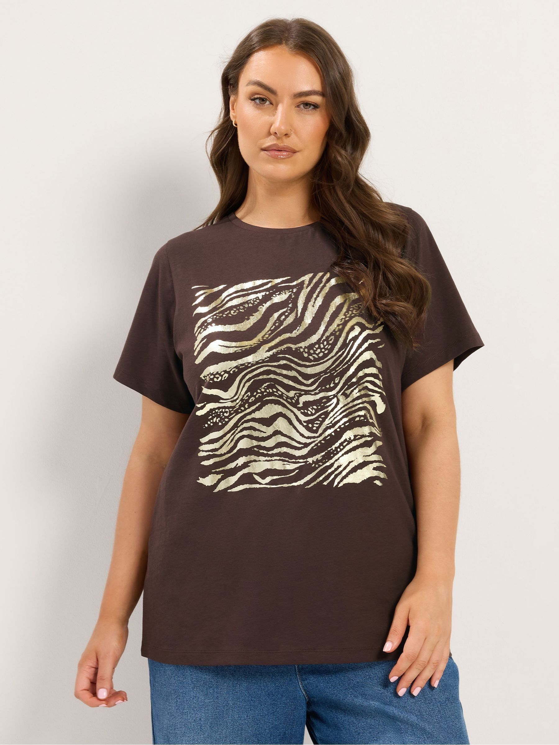 Yours Women's Chocolate Zebra Foil T-Shirt In | Size: 38/40 - Image 1
