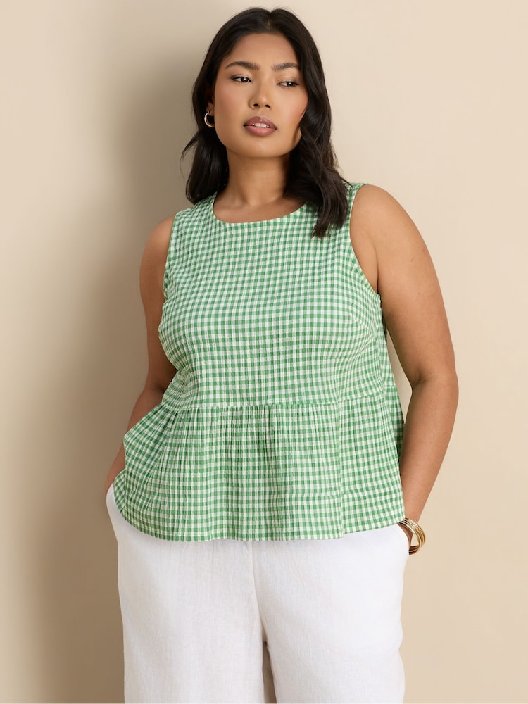 Live Unlimited Green Gingham Cotton Peplum Top - Image 1 of 6