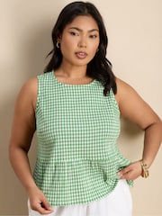 Live Unlimited Green Gingham Cotton Peplum Top - Image 3 of 6