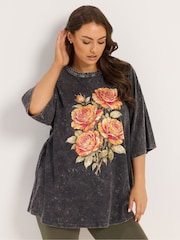 Yours Curve Grey Placement Acid Wash Rose Boxy T-Shirt - Image 1 of 5