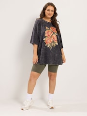 Yours Curve Grey Placement Acid Wash Rose Boxy T-Shirt - Image 2 of 5