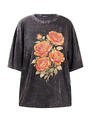 Yours Curve Grey Placement Acid Wash Rose Boxy T-Shirt - Image 5 of 5