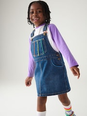 Little Bird by Jools Oliver Blue Washed Denim Rainbow Embroidered Pinafore 100% Cotton Dress - Image 1 of 9