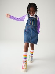Little Bird by Jools Oliver Blue Washed Denim Rainbow Embroidered Pinafore 100% Cotton Dress - Image 2 of 9