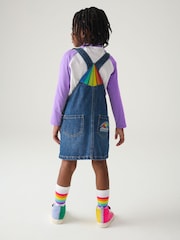 Little Bird by Jools Oliver Blue Washed Denim Rainbow Embroidered Pinafore 100% Cotton Dress - Image 3 of 9