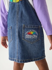 Little Bird by Jools Oliver Blue Washed Denim Rainbow Embroidered Pinafore 100% Cotton Dress - Image 6 of 9