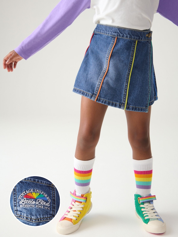 Little Bird by Jools Oliver Washed Denim Rainbow Embroidered 100% Cotton Skort - Imagen 1 de 8