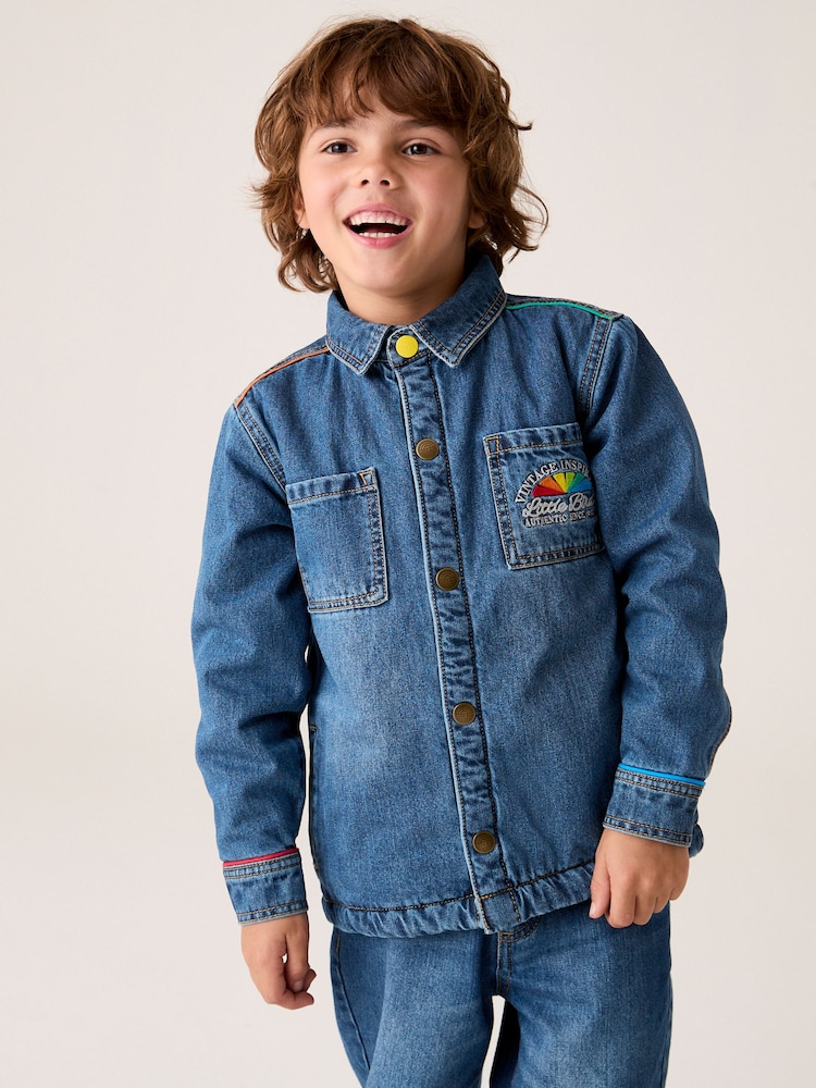 Little Bird by Jools Oliver Blue Borg Lined Washed Denim Rainbow Embroidered Shacket - Image 1 of 14