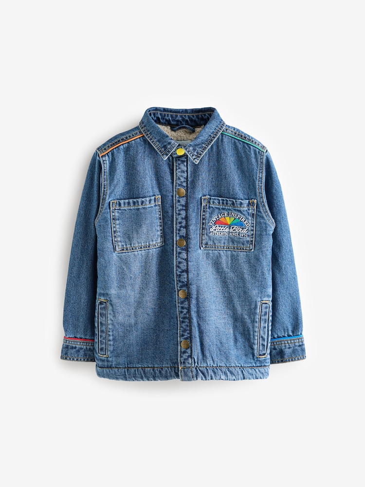 Little Bird by Jools Oliver Blue Borg Lined Washed Denim Rainbow Embroidered Shacket - Image 11 of 14