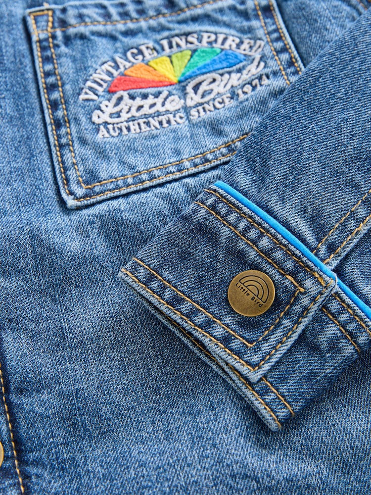 Little Bird by Jools Oliver Blue Borg Lined Washed Denim Rainbow Embroidered Shacket - Image 14 of 14
