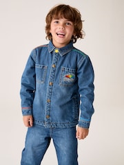 Little Bird by Jools Oliver Blue Borg Lined Washed Denim Rainbow Embroidered Shacket - Image 2 of 14