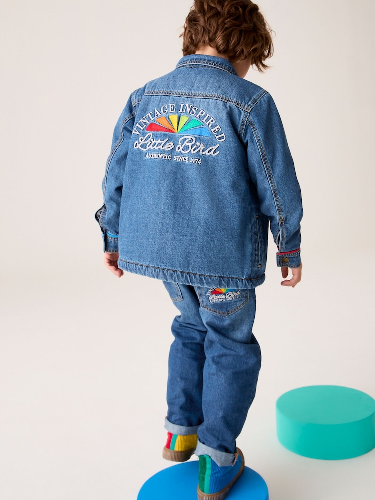 Little Bird by Jools Oliver Blue Borg Lined Washed Denim Rainbow Embroidered Shacket - Image 3 of 14