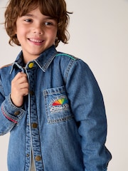 Little Bird by Jools Oliver Blue Borg Lined Washed Denim Rainbow Embroidered Shacket - Image 6 of 14