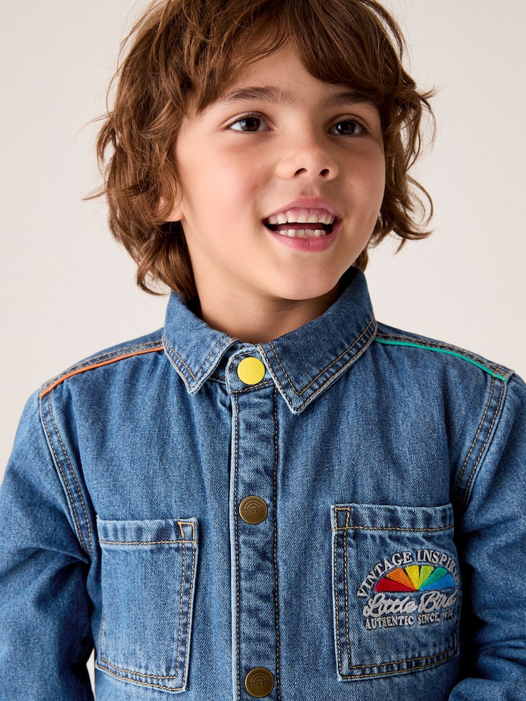 Little Bird by Jools Oliver Blue Borg Lined Washed Denim Rainbow Embroidered Shacket - Image 7 of 14