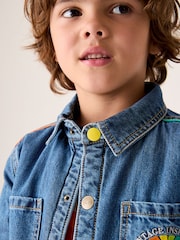 Little Bird by Jools Oliver Blue Borg Lined Washed Denim Rainbow Embroidered Shacket - Image 9 of 14