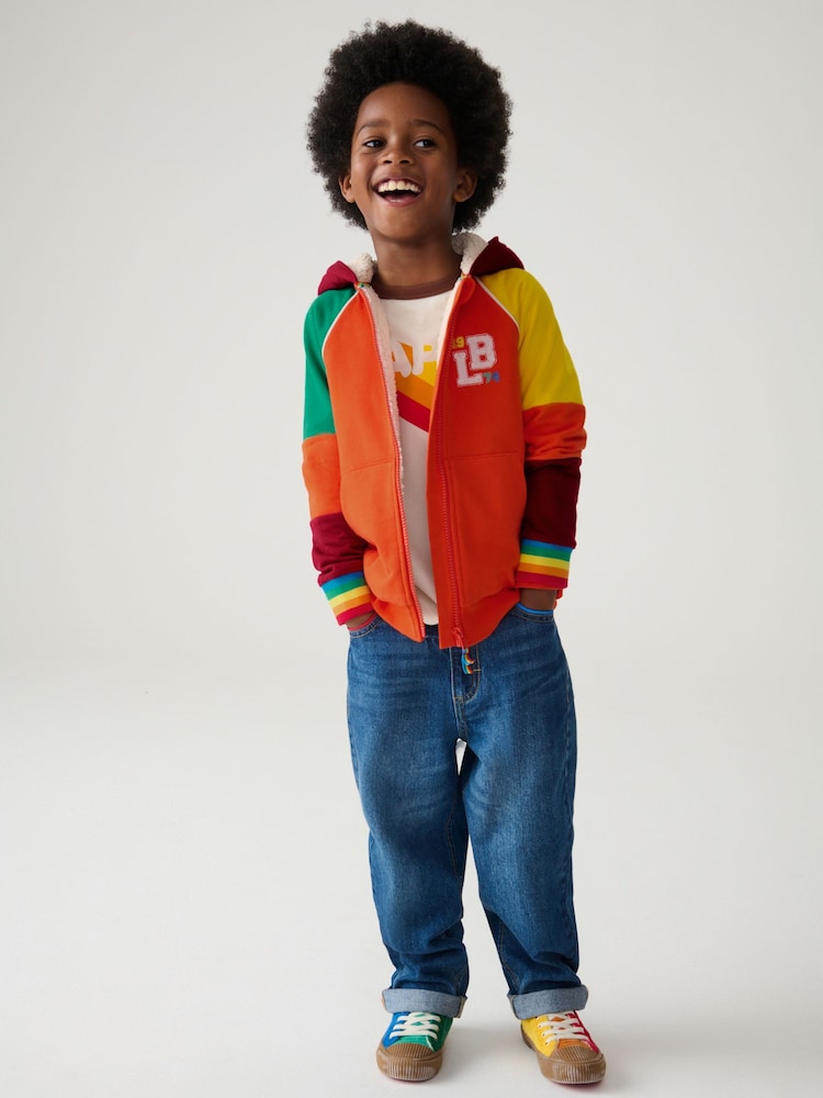 Little Bird by Jools Oliver Orange/Red Colourblock Borg Fleece Zip Up Hoodie - Image 1 of 8