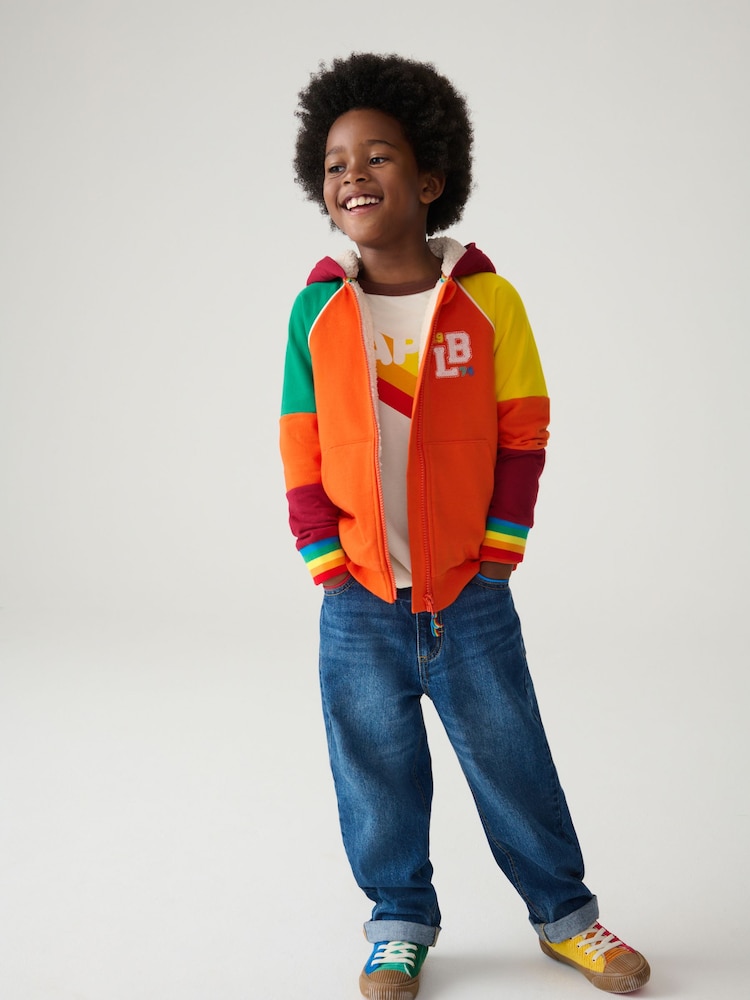 Little Bird by Jools Oliver Orange/Red Colourblock Borg Fleece Zip Up Hoodie - Image 2 of 8