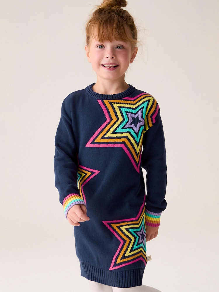 Little Bird by Jools Oliver Navy 100% Cotton Star Knit Dress - Image 1 of 6