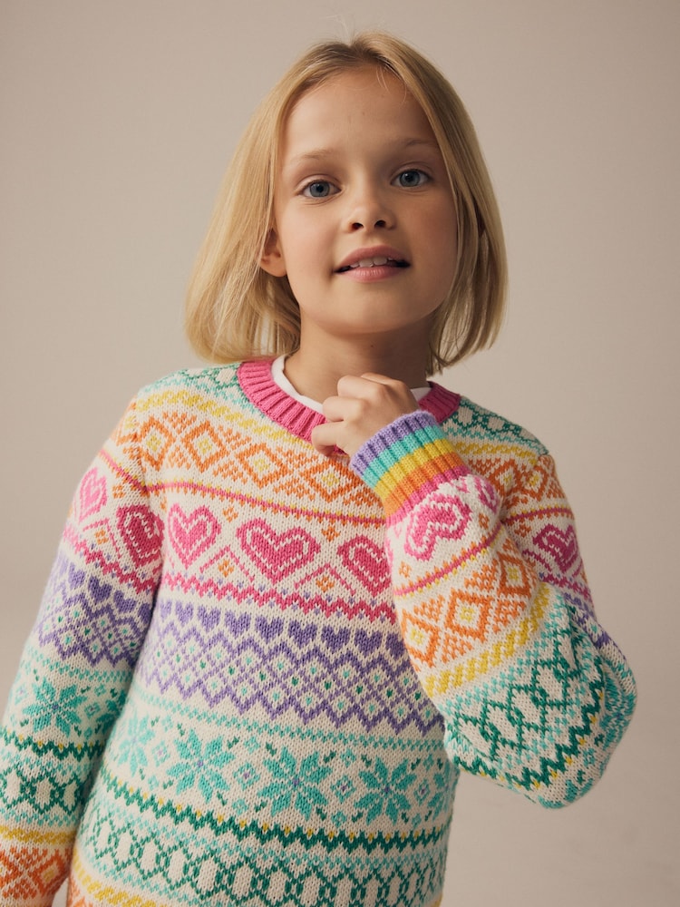 Little Bird by Jools Oliver Multi Pastel 100% Cotton Christmas Fairisle Pattern Knitted Jumper - Image 1 of 8