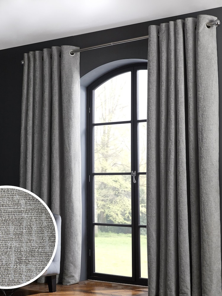Grey Silver Heavyweight Chenille Eyelet Lined Curtains - Image 1 of 7