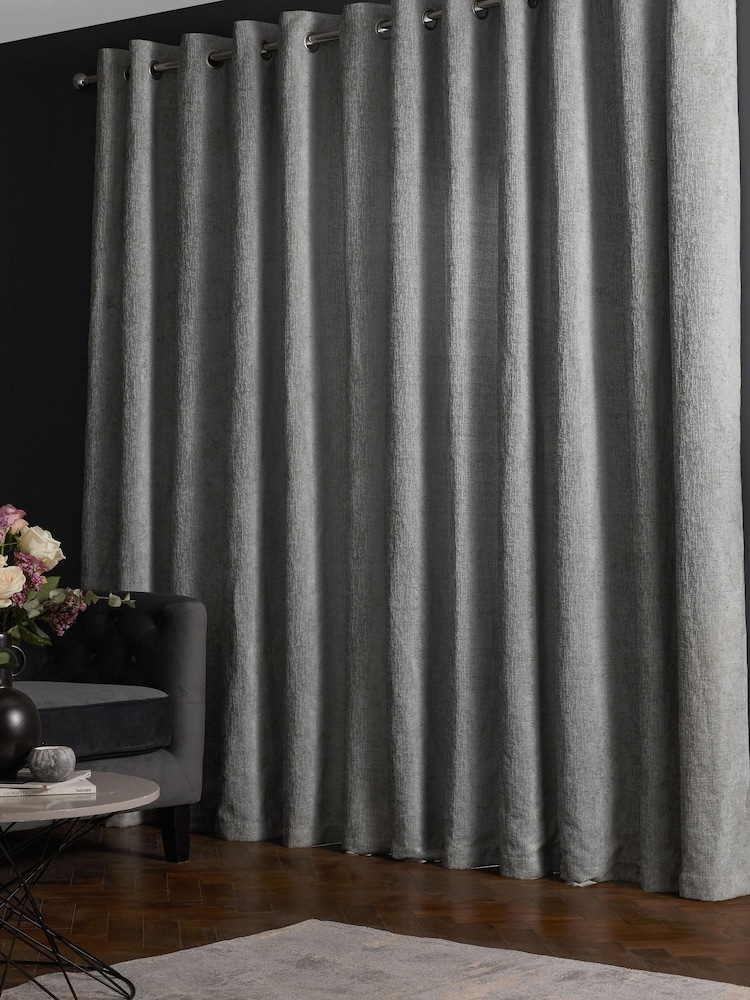 Grey Silver Heavyweight Chenille Eyelet Lined Curtains - Image 2 of 7