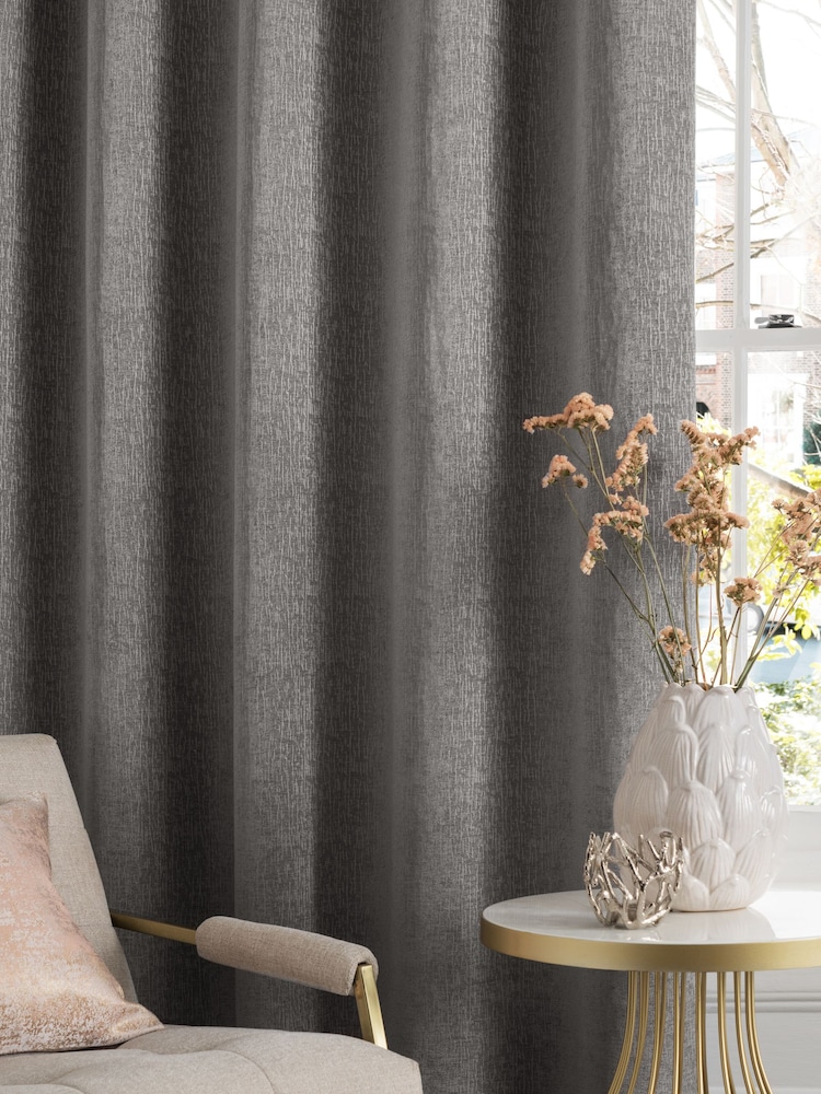 Grey Silver Heavyweight Chenille Eyelet Lined Curtains - Image 6 of 7