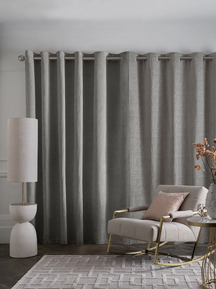 Grey Silver Heavyweight Chenille Eyelet Lined Curtains - Image 7 of 7