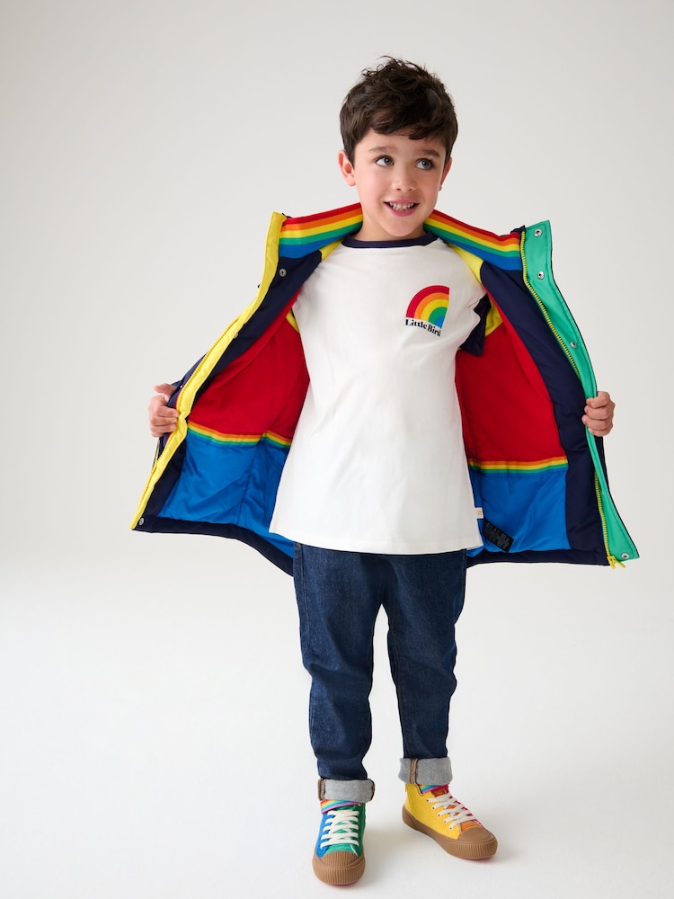 Little Bird by Jools Oliver Navy Rainbow Trim Shower Resistant Parka Jacket - Image 3 of 10
