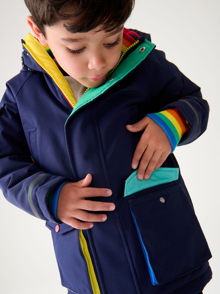 Little Bird by Jools Oliver Navy Rainbow Trim Shower Resistant Parka Jacket - Image 4 of 10