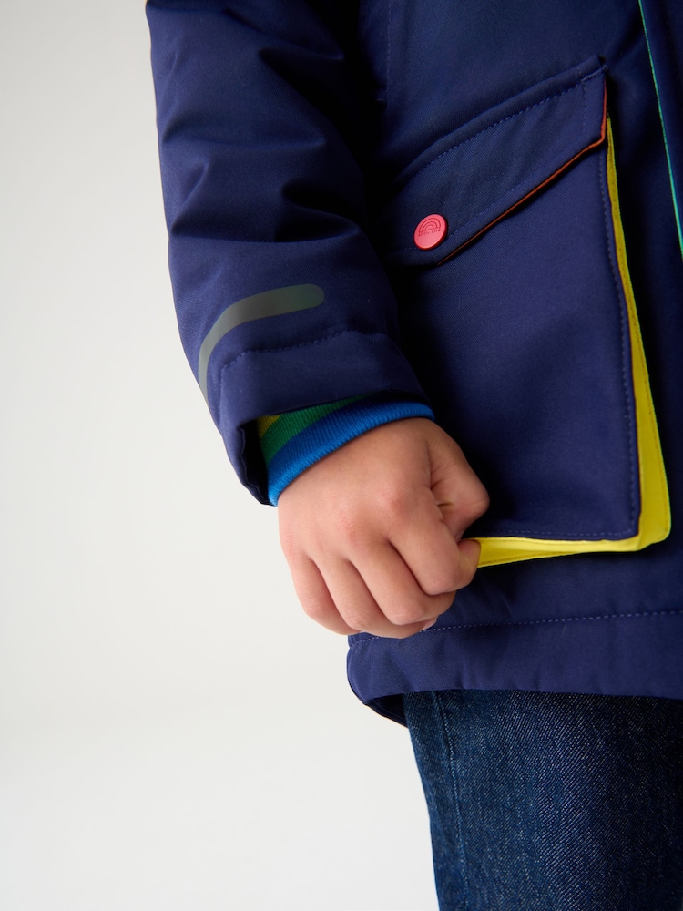 Little Bird by Jools Oliver Navy Rainbow Trim Shower Resistant Parka Jacket - Image 5 of 10