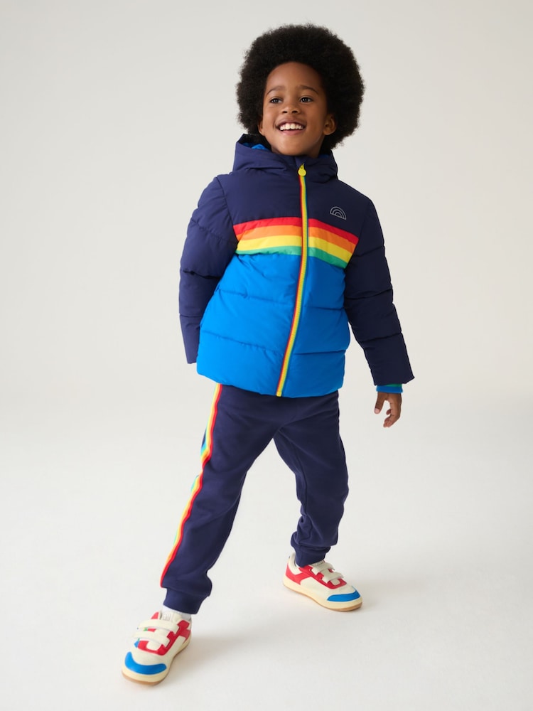 Little Bird by Jools Oliver Navy Rainbow Stripe Shower Resistant Padded Coat - Image 1 of 9 Little Bird by Jools Oliver Navy Rainbow Stripe Shower Resistant Padded Coat - Image 1 of 9