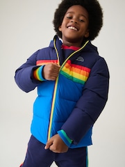 Little Bird by Jools Oliver Navy Rainbow Stripe Shower Resistant Padded Coat - Image 3 of 9