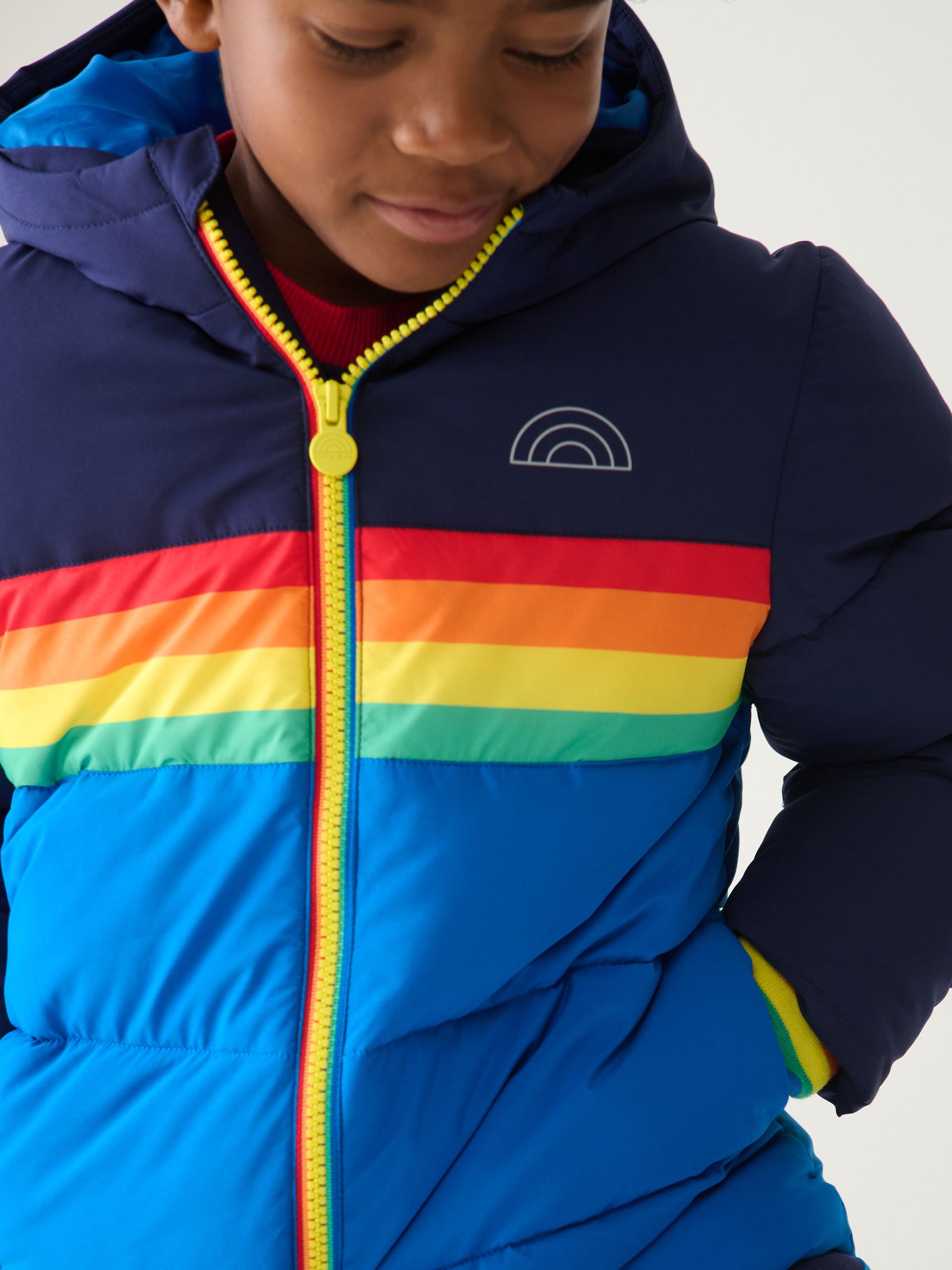 Little Bird by Jools Oliver Navy Rainbow Stripe Shower Resistant Padded Coat