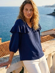 Roman Blue Frill Front Woven Top - Image 2 of 5