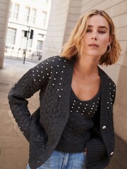 Grey Cable Detail Gem Button Cardigan - Image 1 of 6