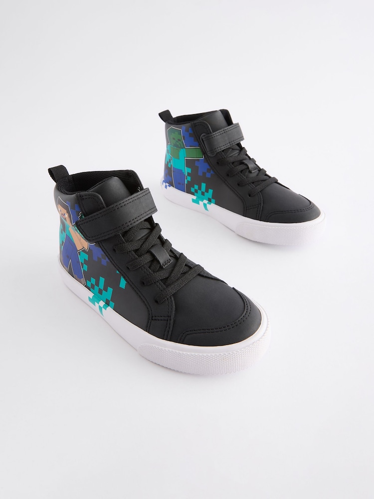 Black Standard Fit (F) Minecraft Elastic Lace High Top Trainers - Image 1 of 5