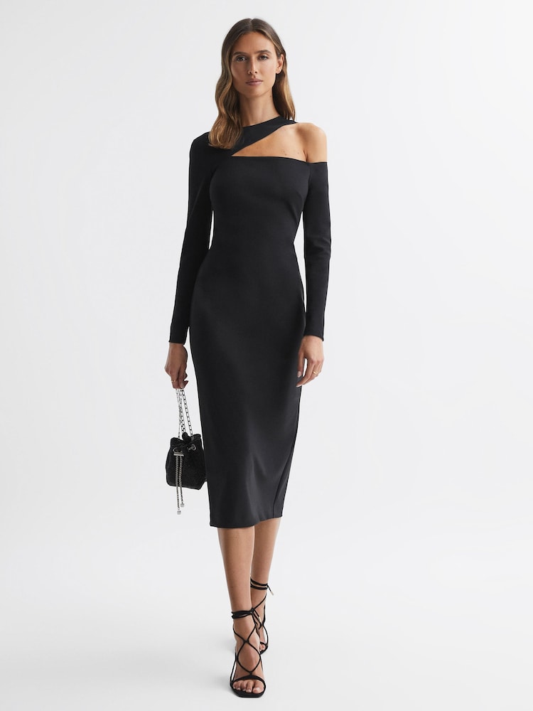 Reiss Black Tiffany Bodycon Off-The-Shoulder Midi Dress - Image 1 of 4 Reiss Black Tiffany Bodycon Off-The-Shoulder Midi Dress - Image 1 of 4
