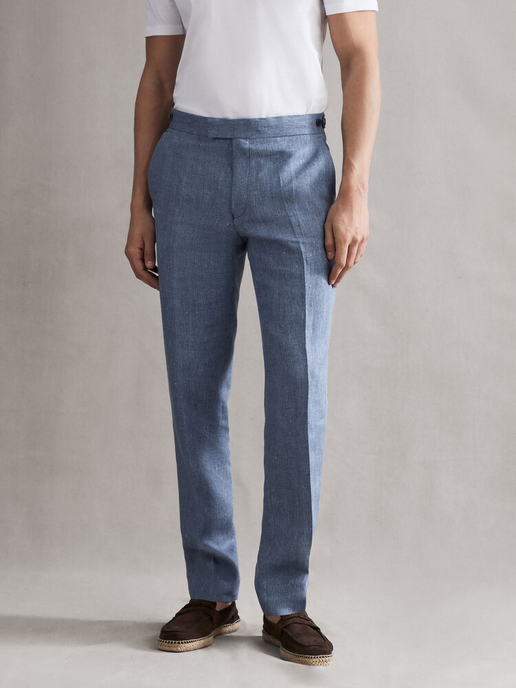 Reiss Chambray Cheltenham Slim Fit Linen Herringbone Trousers - Image 1 of 5 Reiss Chambray Cheltenham Slim Fit Linen Herringbone Trousers - Image 1 of 5