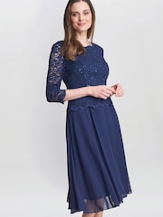 Gina Bacconi Blue Rona Midi Dress With Lace Bodice & Chiffon Skirt - Image 1 of 5
