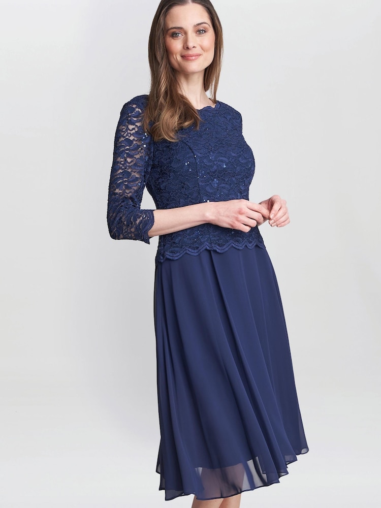 Gina Bacconi Blue Rona Midi Dress With Lace Bodice & Chiffon Skirt - Image 1 of 5