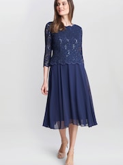 Gina Bacconi Blue Rona Midi Dress With Lace Bodice & Chiffon Skirt - Image 3 of 5