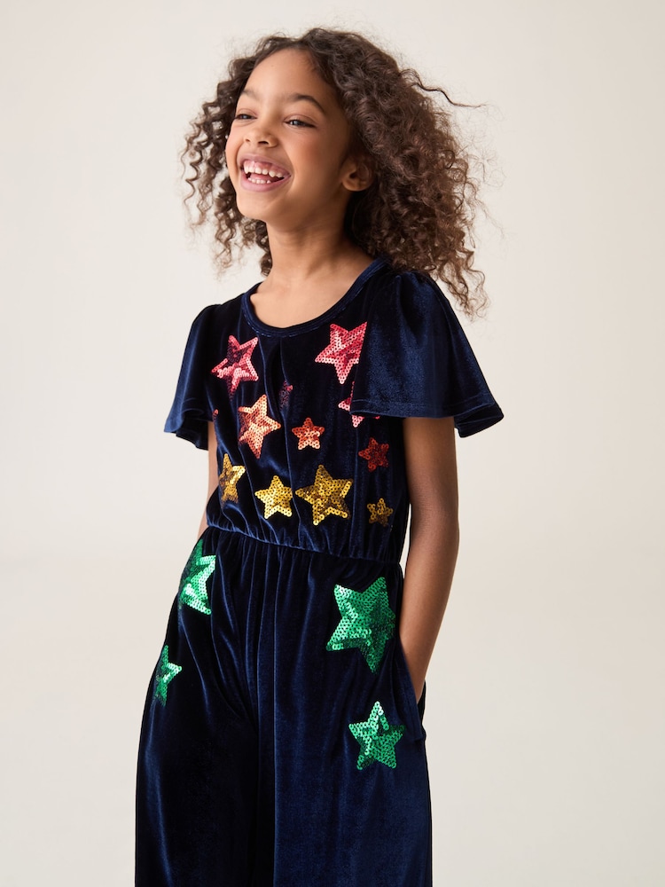 Little Bird by Jools Oliver Navy Velvet Sequin Party Star Jumpsuit - Image 2 of 9