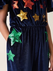 Little Bird by Jools Oliver Navy Velvet Sequin Party Star Jumpsuit - Image 5 of 9
