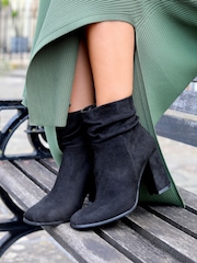 Linzi Black Mila Faux Suede Ruched Square Toe Block Heel Boots - Image 1 of 4