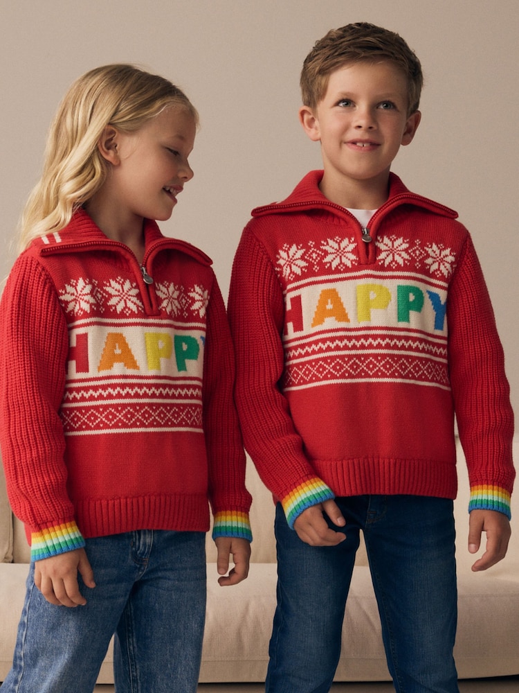 Little Bird by Jools Oliver Red Happy Knitted 100% Cotton Jumper - Image 2 of 8