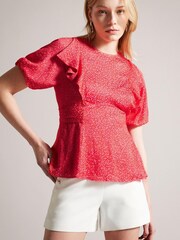 Ted Baker Pink Devonaa Puff Sleeve Ruffle Top With Ties - Image 1 of 6