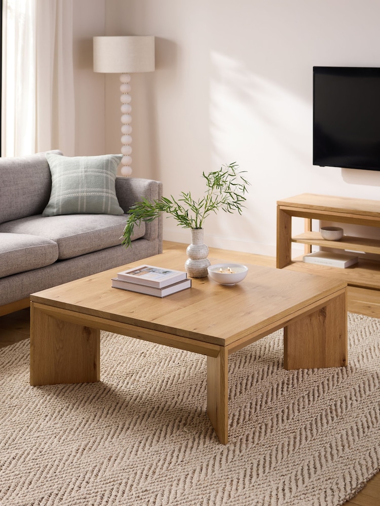 Natural Chunky Chamfered Oak and Oak Veneer Large Coffee Table - Image 1 of 6
