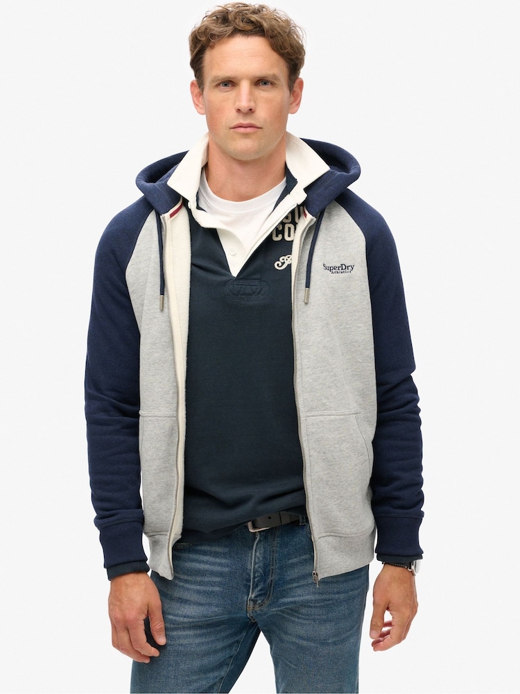 Superdry Grey/White Essential Baseball Zip-Up Hoodie - Image 1 of 5