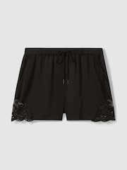 Reiss Black Clarissa Viscose Satin Lace Trim Shorts - Image 2 of 6